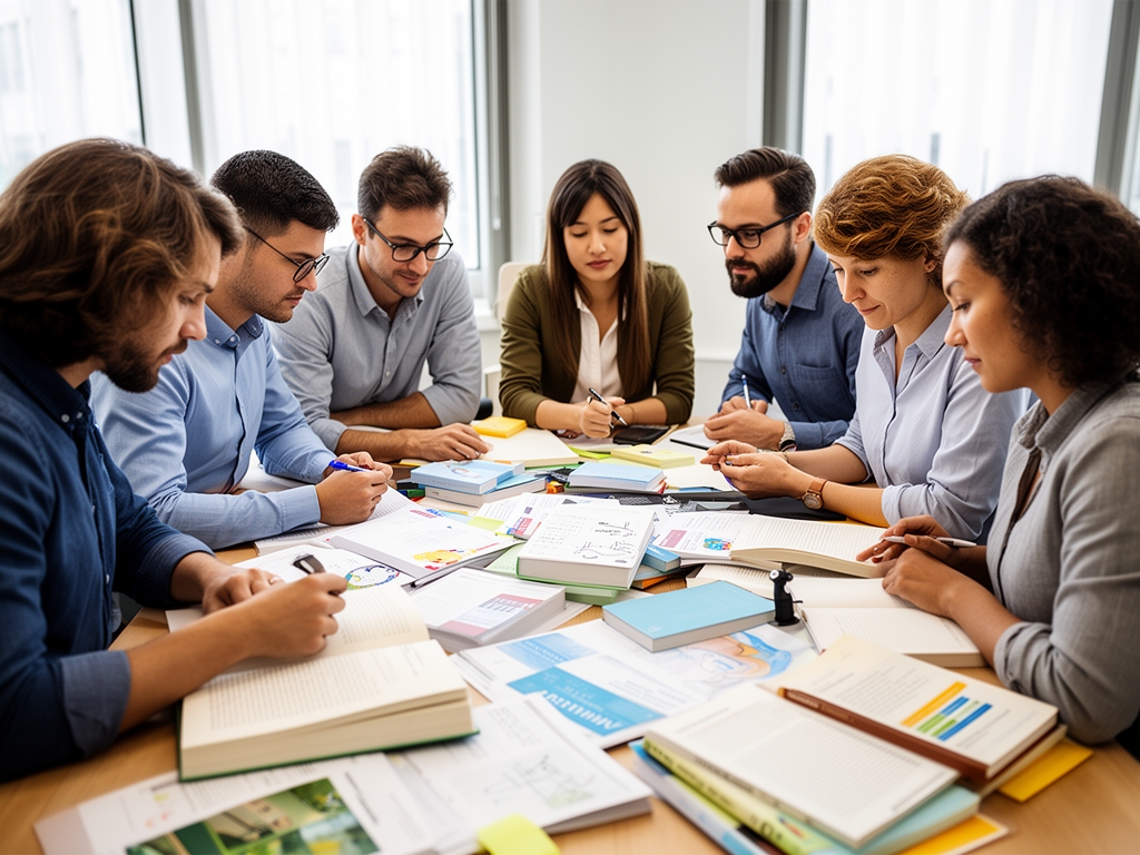 Equipo diverso trabajando en investigación y desarrollo de contenido educativo, personas reunidas alrededor de una mesa con libros, notas y materiales de referencia científica en una sala iluminada con luz natural
