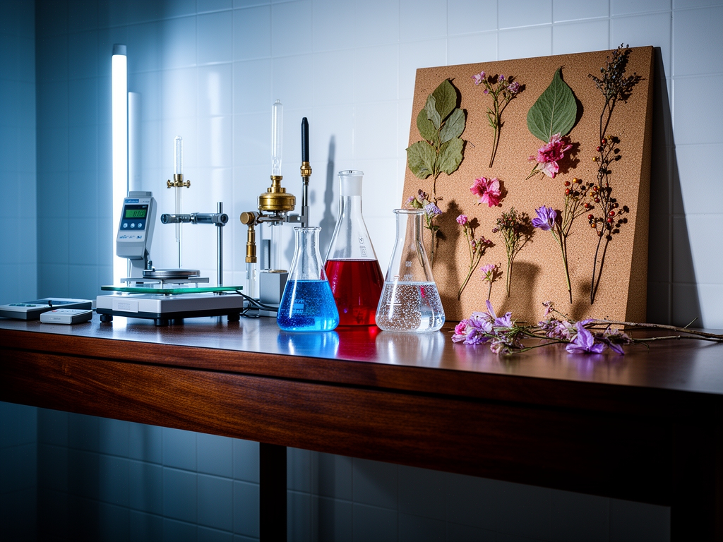 Mesa de laboratorio con instrumentos científicos, matraces de vidrio y muestras botánicas secas bajo iluminación fría de neón con sombras largas dramáticas