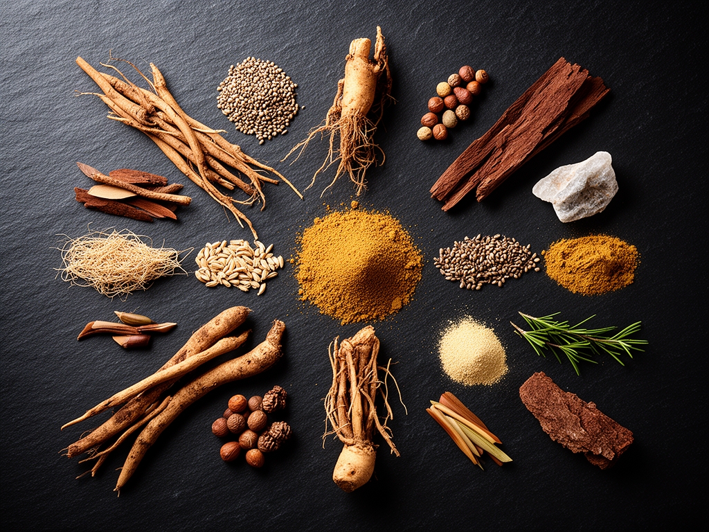 Vista aérea de una colección de ingredientes naturales sin procesar: raíces, cortezas, semillas y polvos minerales dispuestos simétricamente sobre superficie de piedra oscura con luz cenital dramática