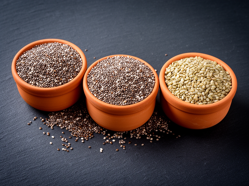 Semillas de chía, lino y cáñamo en tres cuencos pequeños de terracota sobre superficie de pizarra oscura con iluminación cenital
