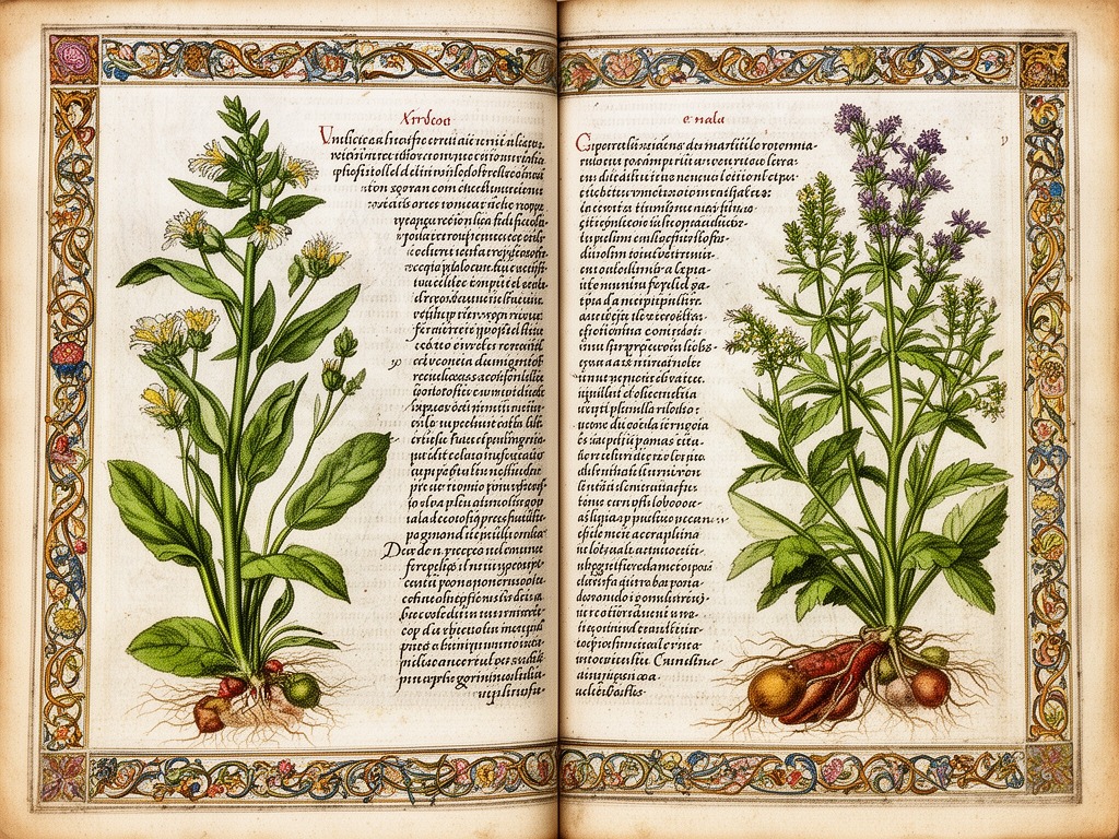 Página de manuscrito antiguo con ilustraciones botánicas detalladas dibujadas a mano, texto en latín antiguo y bordes decorativos propios de un herbario del siglo XVII