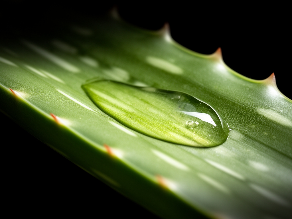Primer plano de la textura de una hoja de áloe vera fresca mostrando su gel translúcido y nervios estructurales bajo iluminación lateral dramática sobre fondo negro