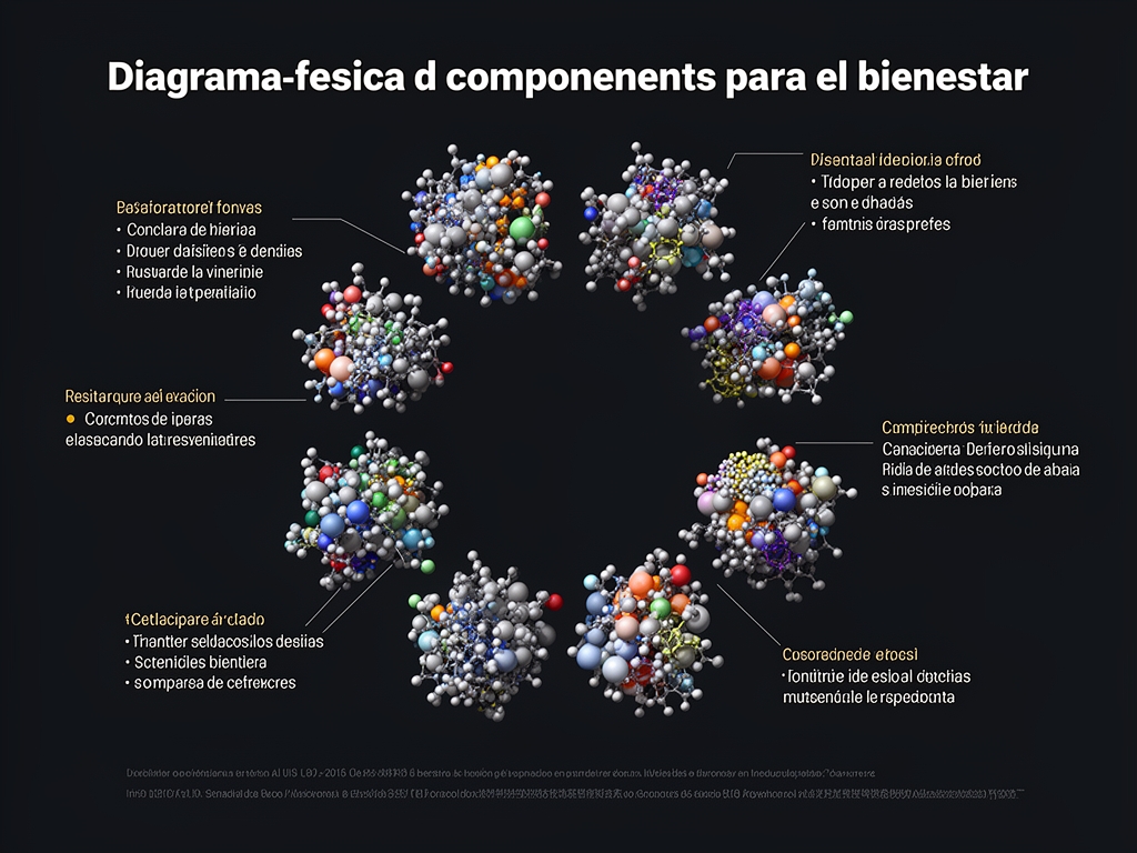 Diagrama científico de componentes para el bienestar con estructuras moleculares abstractas y anotaciones en estilo de publicación académica sobre fondo oscuro